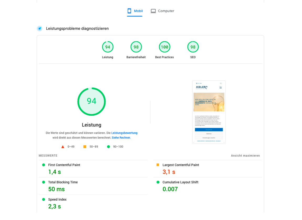 Adler Smart Solutions Website, Page Speed Leistung: 94